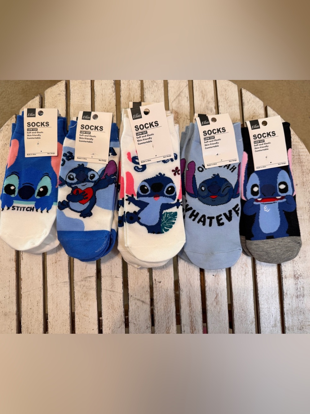 Ella Low-Cut Cartoon Stitch Socks in Blue, White & Light Blue (17 pairs of socks